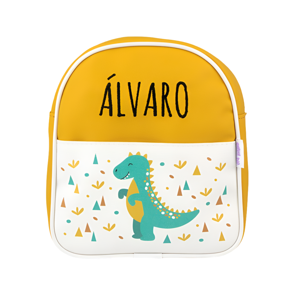 Mochila personalizada con dibujo de dinosaurio para niños - color mostaza